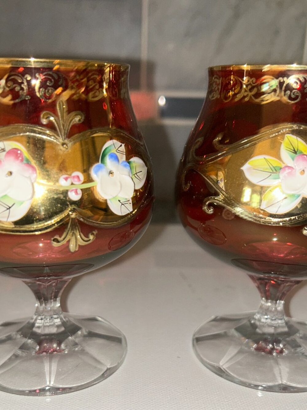 Vt Bohemian Czech Ruby Cordial Glasses, Hand Painted, Enamel Floral, Pair